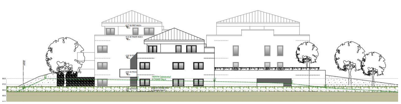 Neubau von Drei Mehrfamilienhäusern mit Tiefgarage und Gewerbeeinheit KFW 40